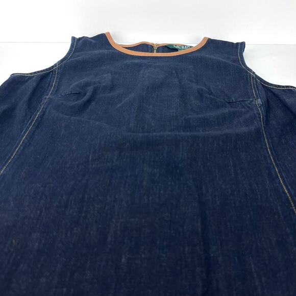 Ralph Lauren Dianva Women's Dark Wash Denim Shift Sheep Leather Trim Dress 10 - Picture 5 of 11